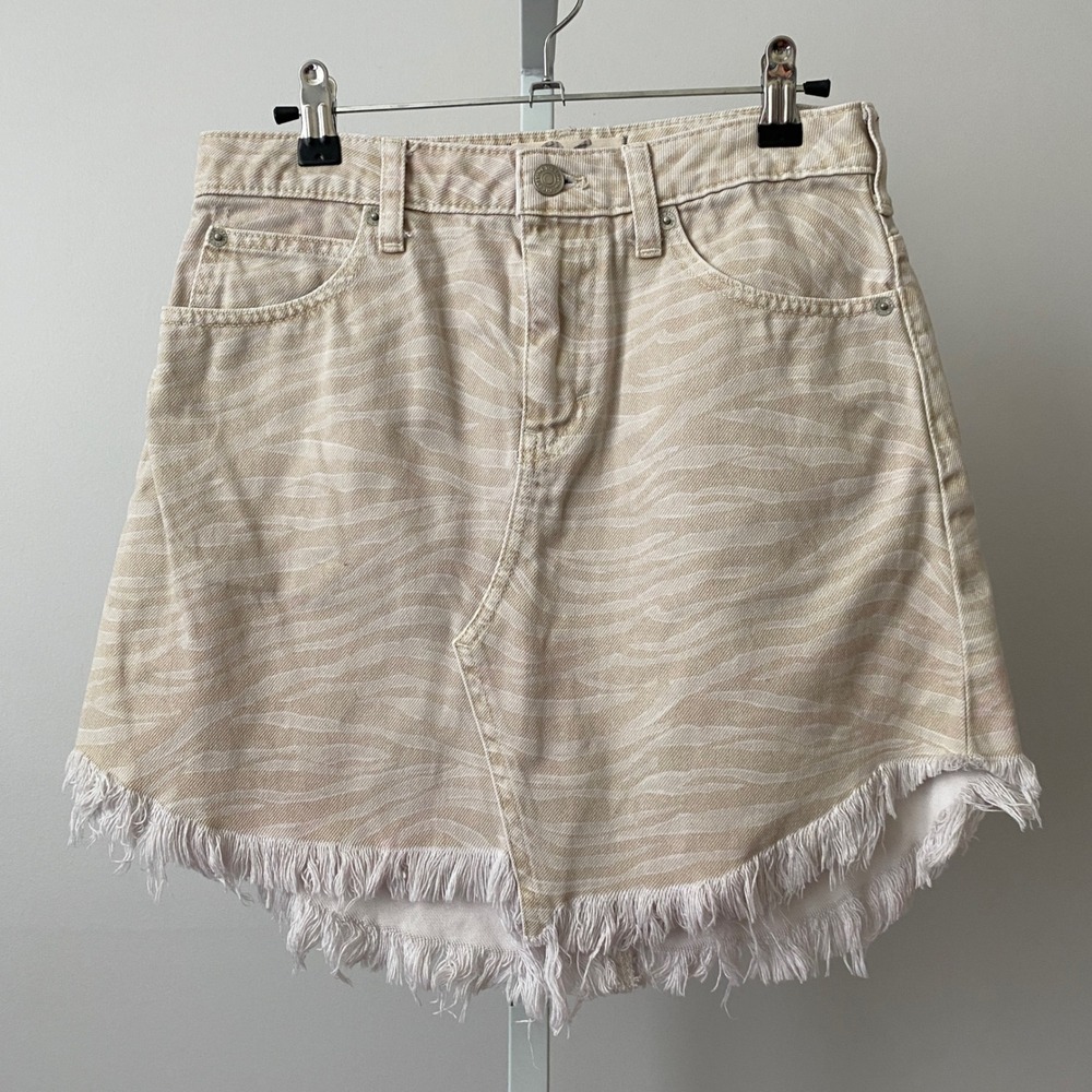 We The Free Cotton Boho Beachy Relaxed Western Frayed Denim Mini Skirt 26 Tan
